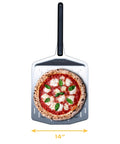 14 Inch Perforated Pizza Peel With Long Handle Aluminum Lightweight Pizza Paddle with a pizza on top, shown from above