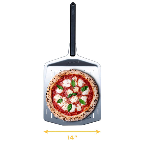 14 Inch Perforated Pizza Peel With Long Handle Aluminum Lightweight Pizza Paddle with a pizza on top, shown from above