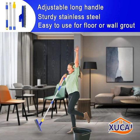 Long Reach Grout Brush With Extendable Stainless Steel Handle For Floor To Wall Cleaning No Knees Back Saving Tile Scrub With Stiff Bristles For Tile Shower Bathroom And Toilet Stand Up Option In Dreamy Blue used by person in living room
