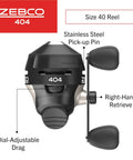 Front view of Size 40 Spincast Fishing Reel with right hand retrieve, no tangle design, built in bite alert, black finish, stainless steel pin.