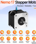 NEMA 17 stepper motor, front view; black body with silver mounting face and multi-colored 4-wire cable