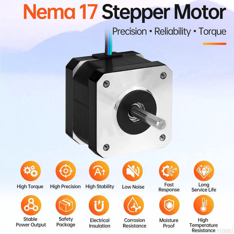 NEMA 17 stepper motor, front view; black body with silver mounting face and multi-colored 4-wire cable