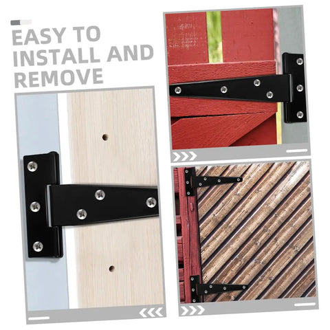 Eight Piece 5 Inch Black Painted Galvanized Metal T Hinges Weld On Slip Joint For Outdoor Doors and Sheds installation view