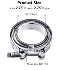 4 Pack V Band Clamp With Flange 2.75 Inch 304 Stainless Steel Set showcasing clamp size and M8x1.25 thread detail.