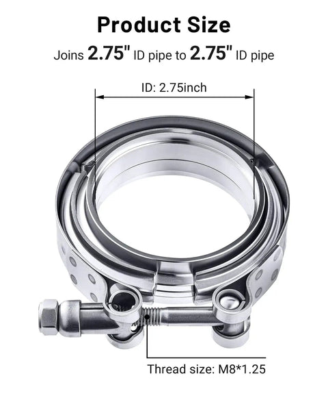 4 Pack V Band Clamp With Flange 2.75 Inch 304 Stainless Steel Set showcasing clamp size and M8x1.25 thread detail.