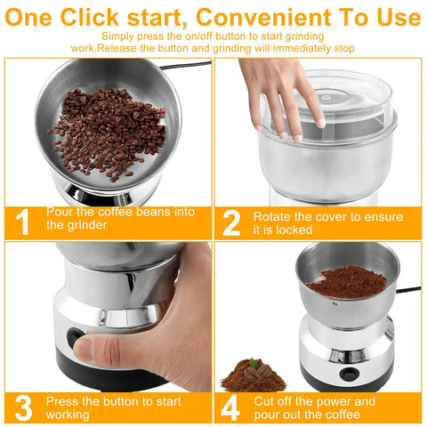 Smooth Electric Burr Coffee Grinder And Stainless Steel Spice Mill For Beans Peppers Herbs With Lightning Fast One Button Grinding And A Roomy 300ml Catch Cup Major Kitchen Flex steps for use and operation.