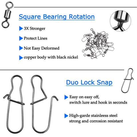 190 Piece Fishing Swivels Kit With 14 Types Including Ball Bearing Swivels, Rolling Barrel Snap, Three Way Crossline, Duo Lock Snap, Coastlock Snap, Crane Barrel, Corkscrew Swivels For Bass, Trout, Saltwater And Freshwater Tackle square bearing rotation and duo lock snap