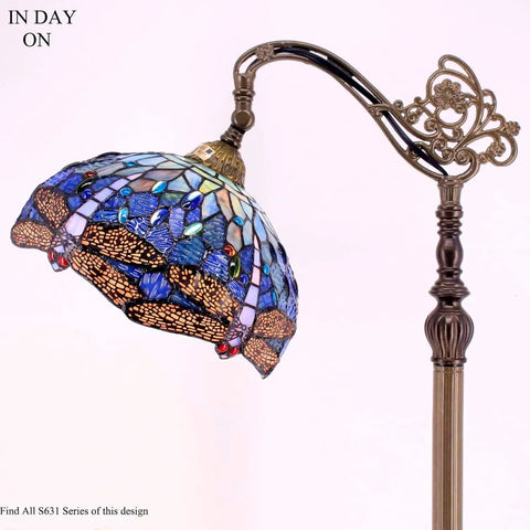 Blue Stained Glass Dragonfly Tiffany Style Floor Lamp With Arched Gooseneck, 12 Inch Lampshade, Elegant Bronze Finish