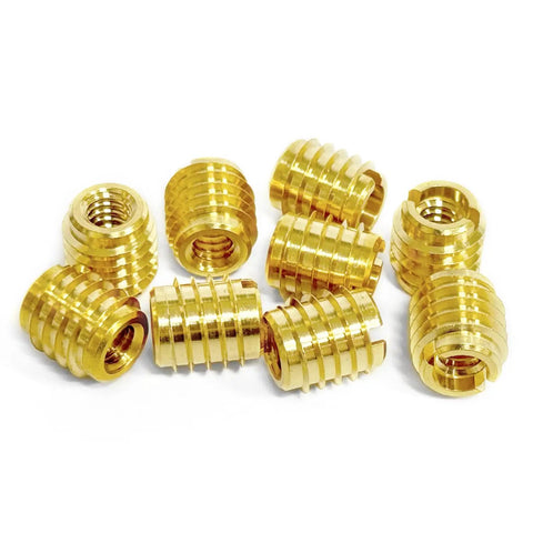 Wood Threaded Inserts Kit Brass M3-0.5 Knife Thread Inserts 10 Pack close-up on brass inserts