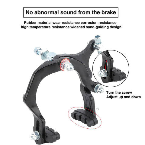 Detailed view of Aluminum Bike Brakes Caliper Set Side Pull 69-96mm Reach C Shape showing adjustment screws and brake pads.
