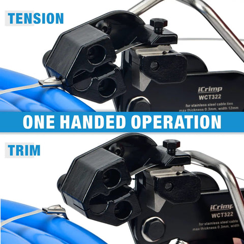 Stainless Steel Cable Tie Gun Kit For Heavy Duty Cabling Up To 12mm Wide With 100 Stainless Zip Ties And Quick Trim, close-up of tool in use.