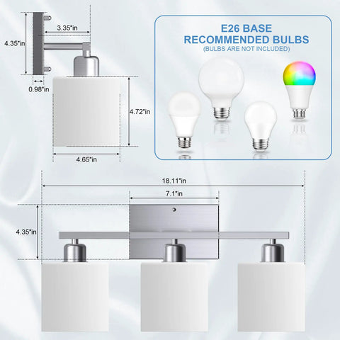 Three Bulb Over Mirror Bathroom Vanity Light In Brushed Nickel Finish Rustproof Wall Sconce, dimensions showcased with recommended E26 bulbs.