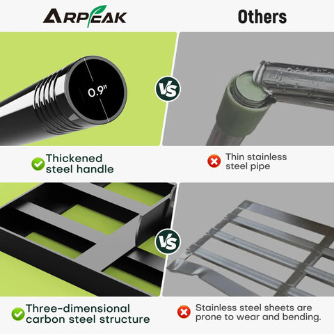 Comparison of Pro Grade Lawn Leveling Rake with thickened steel handle and carbon steel structure vs thin stainless steel.