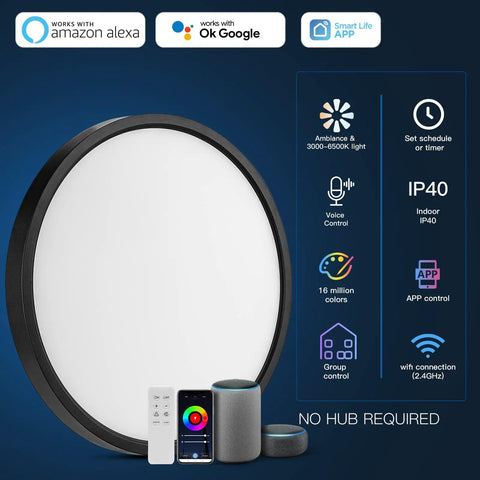 Smart Ceiling Light Fixture Black LED Flush Mount Round Light With Alexa And Google Home Voice Control Fifteen Point Eight Inch