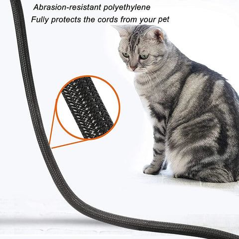 Cat sitting next to Twenty Five Foot One Inch Braided Cable Management Sleeve Self Wrapping Split Wire Loom Cord Protector