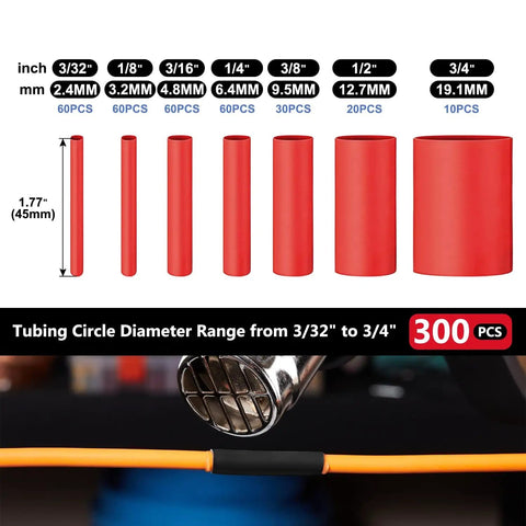 Red Heat Shrink Tubing Kit 300 Pieces With 1.77 Inch Lengths In Seven Sizes 3 To 1 Shrink Ratio Marine Grade Waterproof