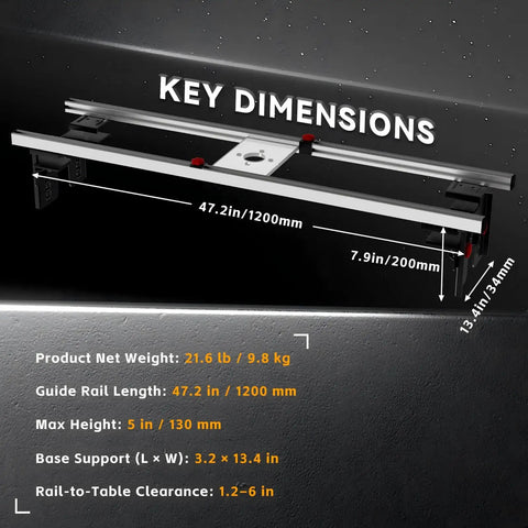 Diagram showing key dimensions of 47.2 Inch Router Sled For Flattening Slabs With 3 Axis Height Adjustment, highlighting size details.