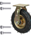 Heavy Duty Air Filled Rubber Caster Wheels Set With Swivel Fixed And Brake Options For Carts Workbenches And Furniture Up To 200 Kg Each Rolling Plate Casters For Garage Workshop, shown with four mounting bolts
