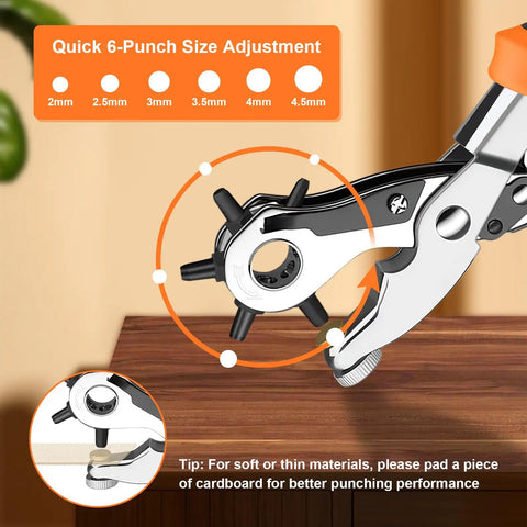 Heavy Duty Revolving Punch Plier Kit With Five Replaceable Bases And Six Punch Heads for leather crafting, size 2mm to 4.5mm