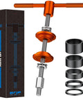 Heavy Duty Pro Grade Bicycle Headset Press Tool with 1-1/8 spacers, aluminum alloy, anodized finish, box and carbon fiber spacers shown