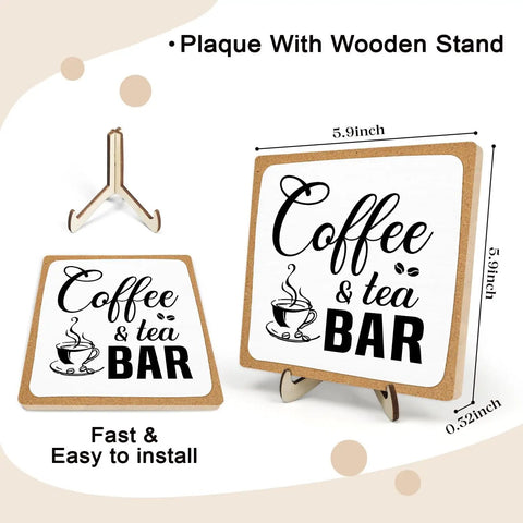 Rustic Coffee And Tea Bar Decor Sign Dope Wooden Plaque for Cafe Bar, 5.9x5.9 inches, shown on retro stand with measurement details.