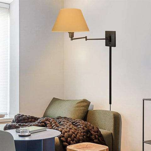 15 Inch Dope Modern Swing Arm Wall Sconce With Opaque Empire Shade, 2-In-1 Plug In Or Hardwired, 3-Way Switch, Black Finish, Adjustable Arm