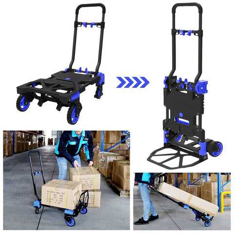 Oyoest folding hand truck, heavy-duty 330lb, retractable handle, blue joints, four wheels front view