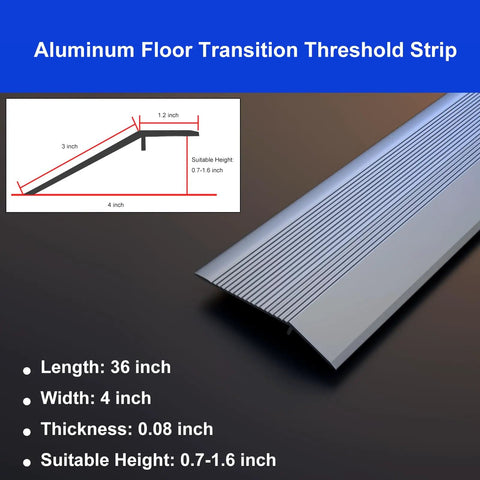 The Heavy Duty Aluminum Transition Strip 36 Inch Doorway Ramp Reducer For Wheelchair Thresholds Smooth Ride Aviation Solid Gray Aluminum Flooring Quick Install with measurements.