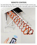Electric Ceiling Loft Ladder With Heavy Duty Alloy Steel Frame Smooth Telescoping Shape Comes With Remote Control Handrail showing remote control operation and orange steps.