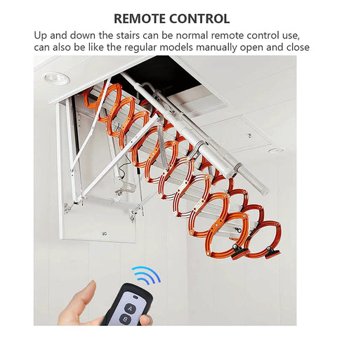 Electric Ceiling Loft Ladder With Heavy Duty Alloy Steel Frame Smooth Telescoping Shape Comes With Remote Control Handrail showing remote control operation and orange steps.