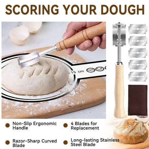 All In One Sourdough Starter Kit showing bread lame scoring dough on cutting board with replacement blades.