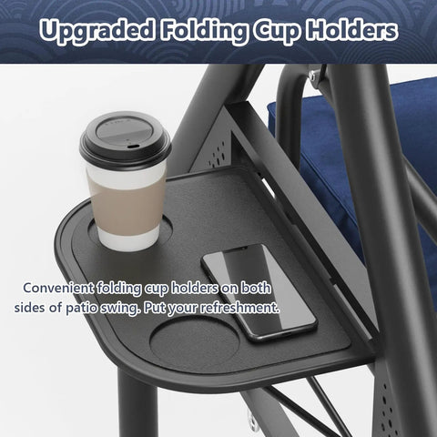 Three Seat Outdoor Porch Swing Glider With Adjustable Canopy Convertible Patio Bed Upgraded Folding Cup Holders Thick Cushions