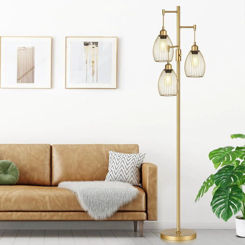Dimmable Floor Lamp With Stepless Dimming From 0 To 100 Percent, Industrial Gold Tree Standing Lamp With 3 Teardrop Cage Heads And 800 Lumen LED Bulbs, The Go To Choice For Living Room, Bedroom, Office And Dining Room