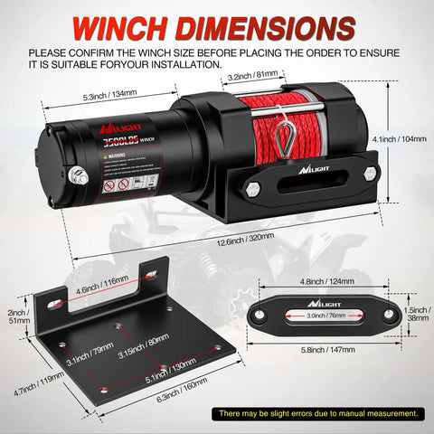 Beefy 3500 Lb ATV UTV Winch With 12V DC Motor Synthetic Rope Wireless Remote Wired Switch Fairlead And Mounting Plate Waterproof Portable Tow Winch For Jeeps Trucks Trailers And Off Road Adventures dimensions with mount