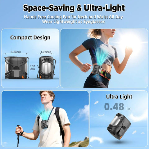 Collage showing Wearable Belt Fan With 16K RPM Turbo Airflow, Six Speed Rechargeable Waist Clip Fan being used outdoors.