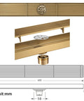 Straight Up The Best Slick Brushed Gold Linear Shower Drain With Badass 304 Stainless Steel Construction And Integrated Hair Catcher showing dimensions.
