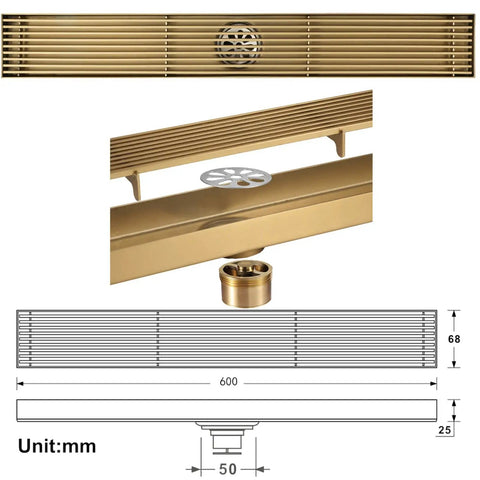 Straight Up The Best Slick Brushed Gold Linear Shower Drain With Badass 304 Stainless Steel Construction And Integrated Hair Catcher showing dimensions.