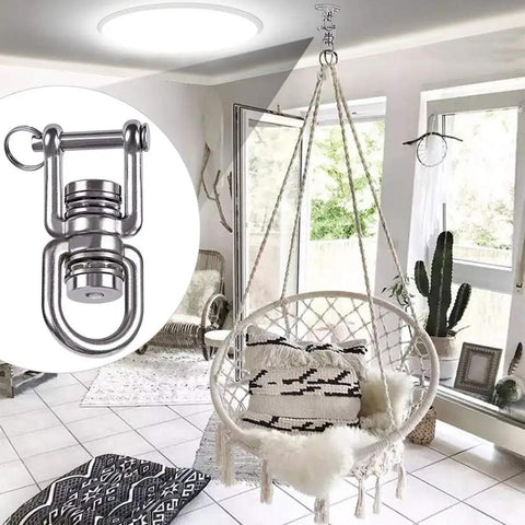 Heavy Duty Swing Swivel With Dual Bearings That Spin Dang Smooth 360 Degrees Built Tough For Backyard Chill Hangs Aerial Flow and Yoga Routines Easily Crushes The 770 Pound Weight Limit On Every Use in a cozy indoor setting with a macrame chair.
