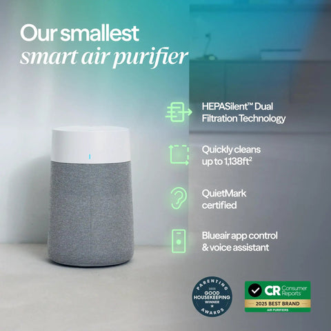 Smart Air Purifier For Bedrooms And Small Rooms Up To 926 Sq Ft With HEPASilent Filtration on a table with feature highlights