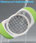 Front view of handheld potato fries cutter with stainless steel grid blade, white body and lime green ends