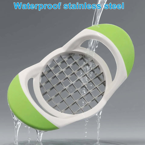 Front view of handheld potato fries cutter with stainless steel grid blade, white body and lime green ends