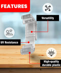Clear plastic mini blind valance clip showcasing UV resistance and versatility features for window treatments.
