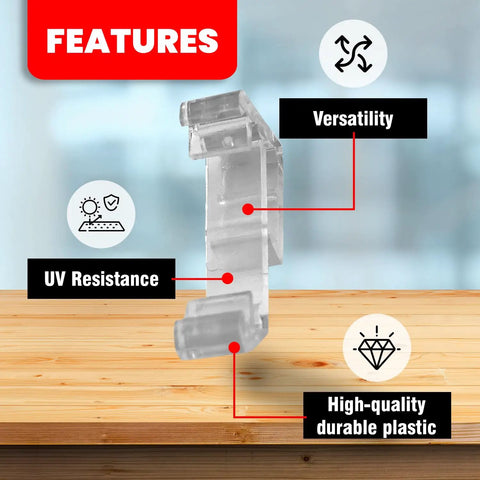 Clear plastic mini blind valance clip showcasing UV resistance and versatility features for window treatments.
