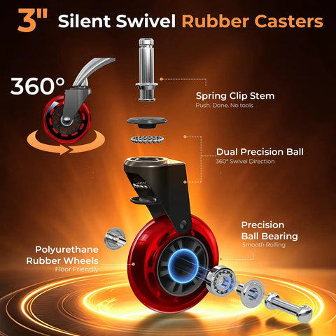 Diagram of 3-Inch Office Chair Caster Wheels Replacement Set Of 5 Red Scratch-Free Non-Marking Rubber Rollers with parts labeled.