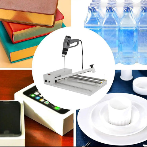 60cm Commercial Heat Seal Shrink Wrapping Machine With Wrap Gun on table with books, bottles, phone, and dishes.