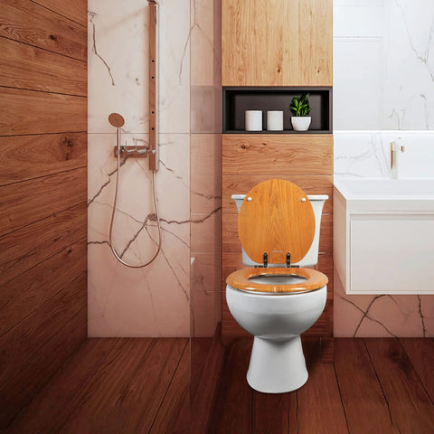 Built To Last Durable Wood Veneer Elongated Toilet Seat With Metal Hinged Design For Easy Clean And Anti Scratch Protection