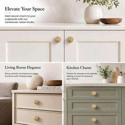 Handmade Rattan Drawer Knobs Set Of 12 Boho Cabinet Pulls With Solid Wood Base on dresser and cabinet doors in cozy setting.