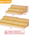 Expandable Bamboo Can Rack Organizer For Pantry With Three Tier Telescopic Design Holds Twenty Four Soda Cans dimensions and size details.