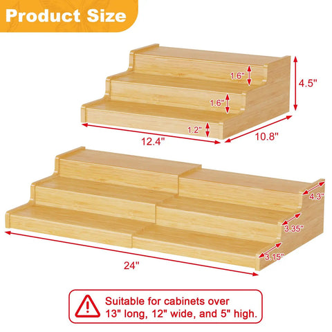 Expandable Bamboo Can Rack Organizer For Pantry With Three Tier Telescopic Design Holds Twenty Four Soda Cans dimensions and size details.