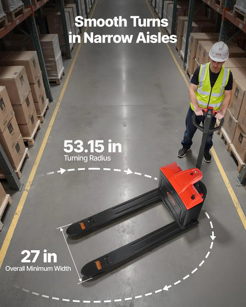 VEVOR Electric Pallet Jack Truck, 4400 Lbs Heavy Duty Capacity, 27x48 In Steel Forks, smooth maneuvering in narrow aisles.